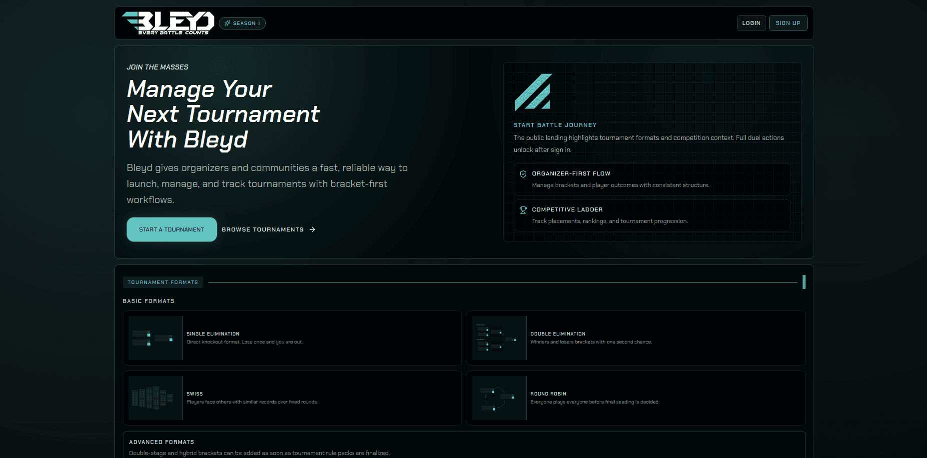 Bleyd tournament management landing page
